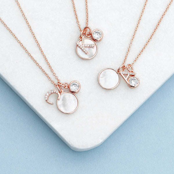 Rose Gold Initial Necklace with Mother Of Pearl & Crystal
