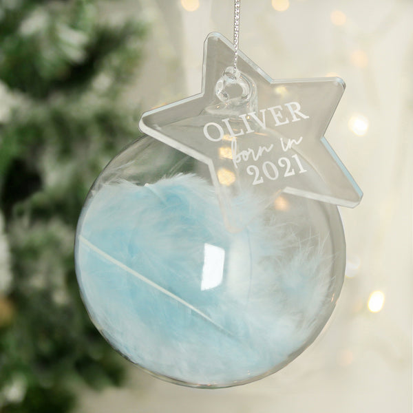 Personalised Born In Feather Glass Bauble With Tag (more options)