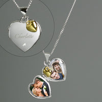 Personalised Sterling Silver Heart Locket Necklace with Diamond and 9ct Gold Charm