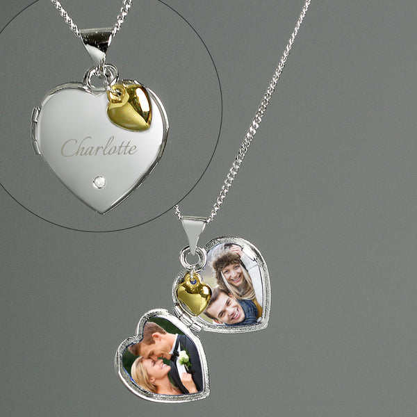 Personalised Sterling Silver Heart Locket Necklace with Diamond and 9ct Gold Charm