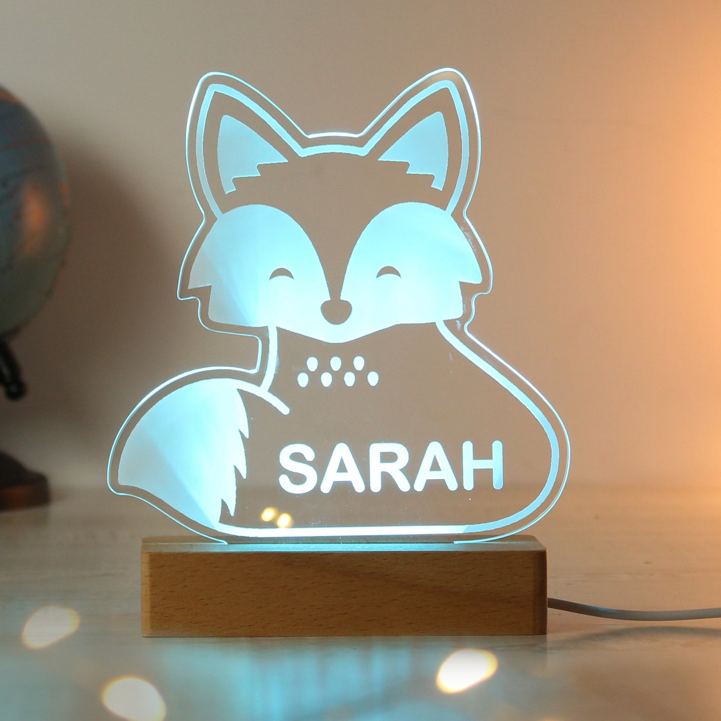 Personalised Fox Wooden Based LED Light