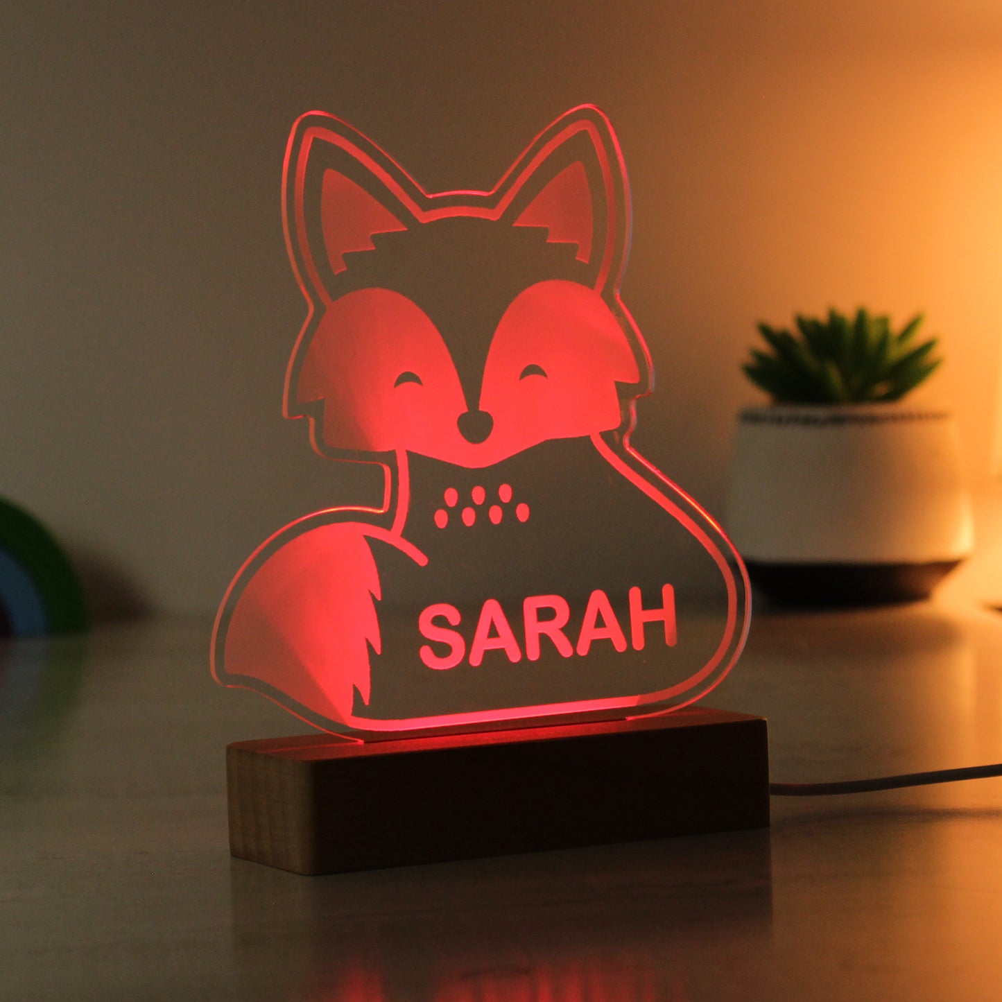 Personalised Fox Wooden Based LED Light