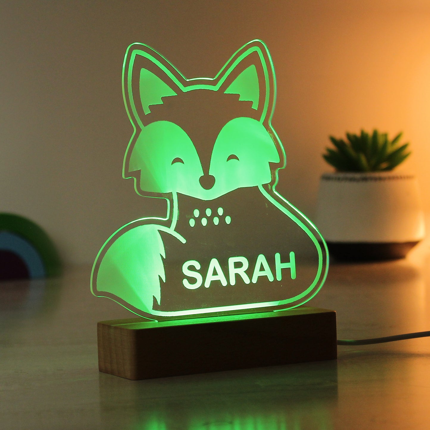 Personalised Fox Wooden Based LED Light