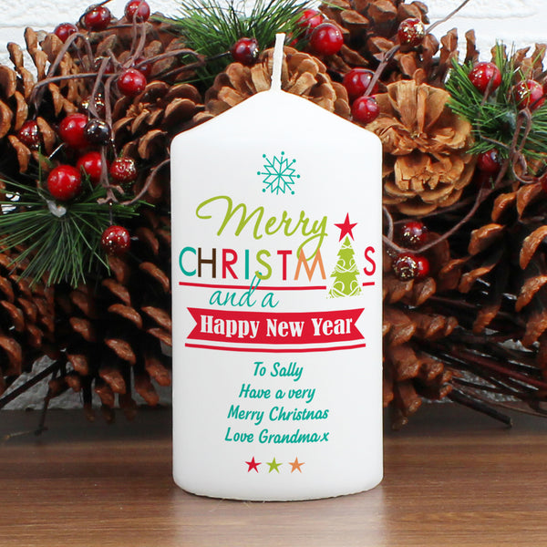 Personalised Bright Christmas Pillar Candle