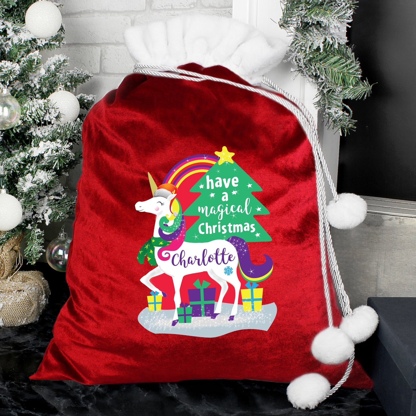 Personalised Christmas Unicorn Luxury Pom Pom Red Sack