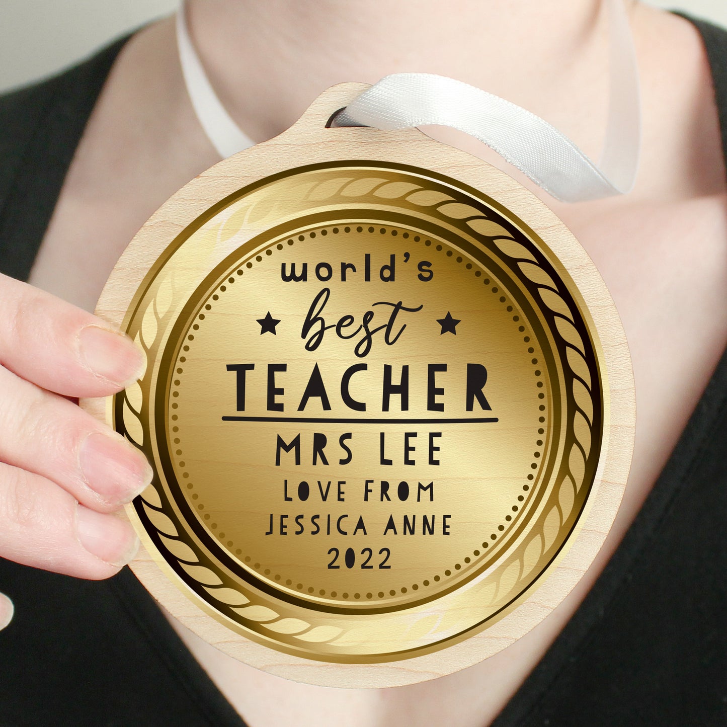 Personalised World’s Best Teacher Round Wooden Medal