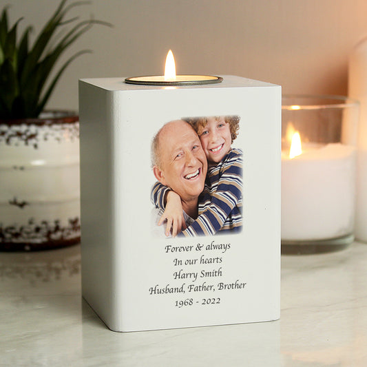 Personalised Photo Upload White Wooden Tea Light Holder