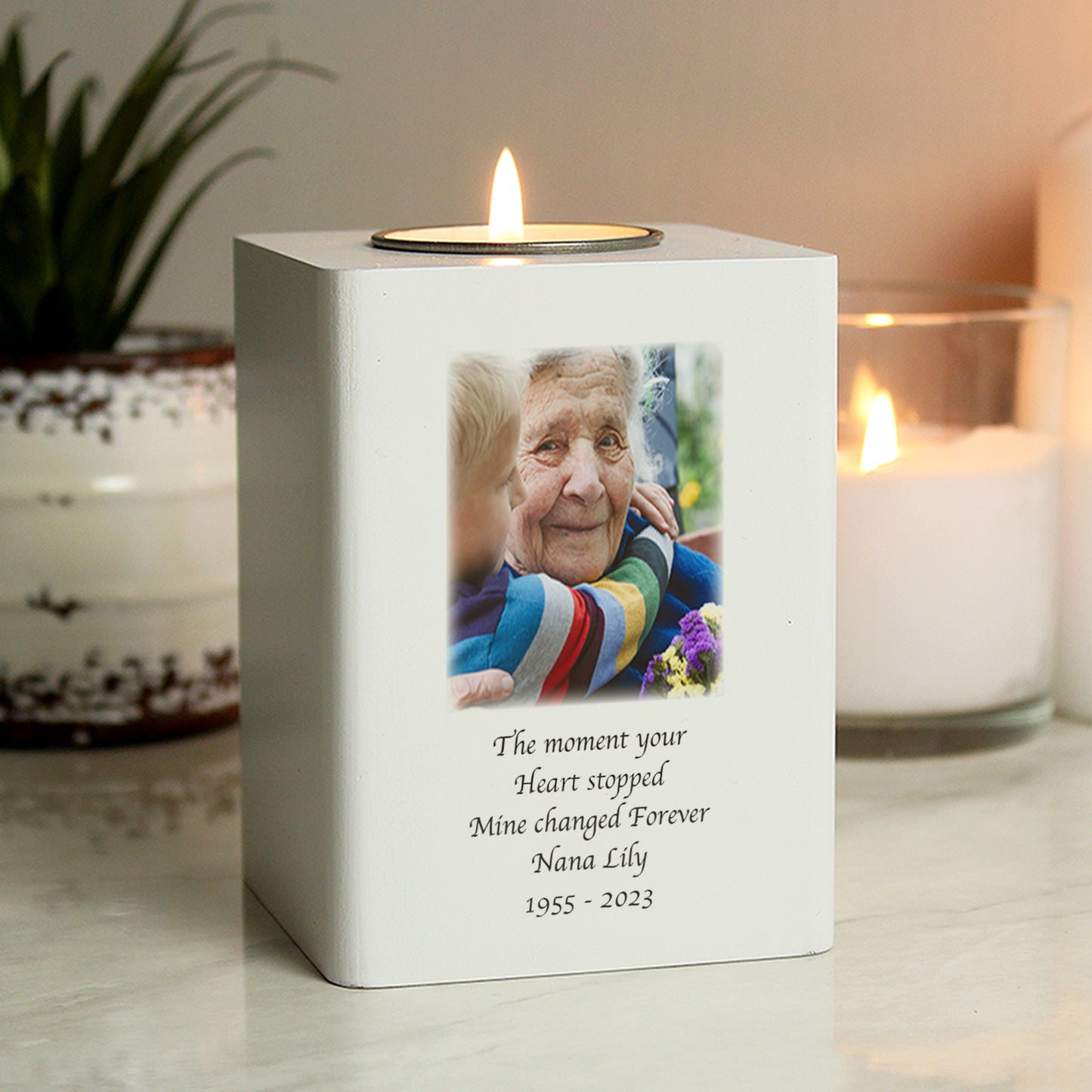 Personalised Photo Upload White Wooden Tea Light Holder