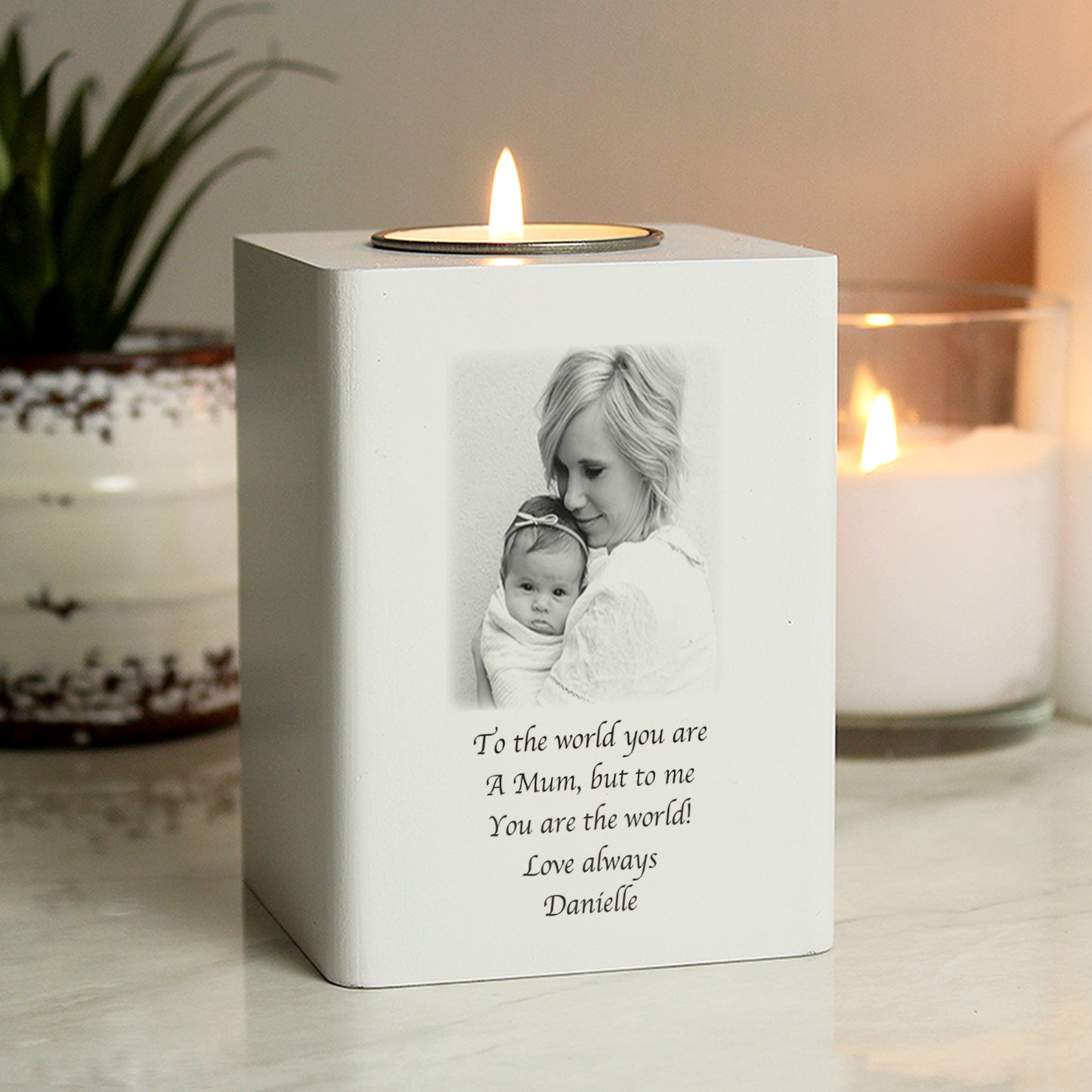 Personalised Photo Upload White Wooden Tea Light Holder