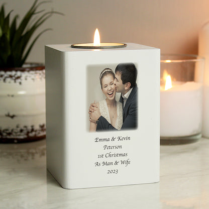 Personalised Photo Upload White Wooden Tea Light Holder