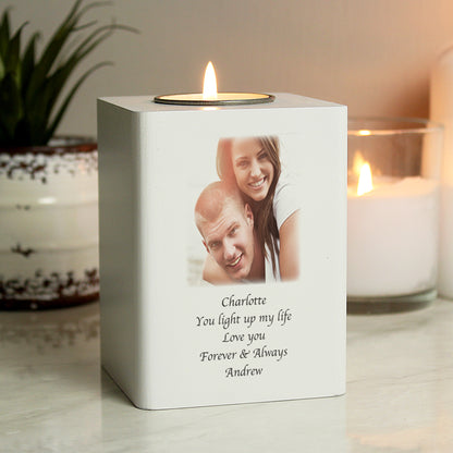 Personalised Photo Upload White Wooden Tea Light Holder