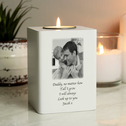 Personalised Photo Upload White Wooden Tea Light Holder