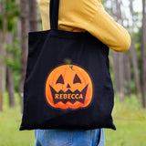 Personalised Pumpkin Halloween Treats Black Cotton Bag