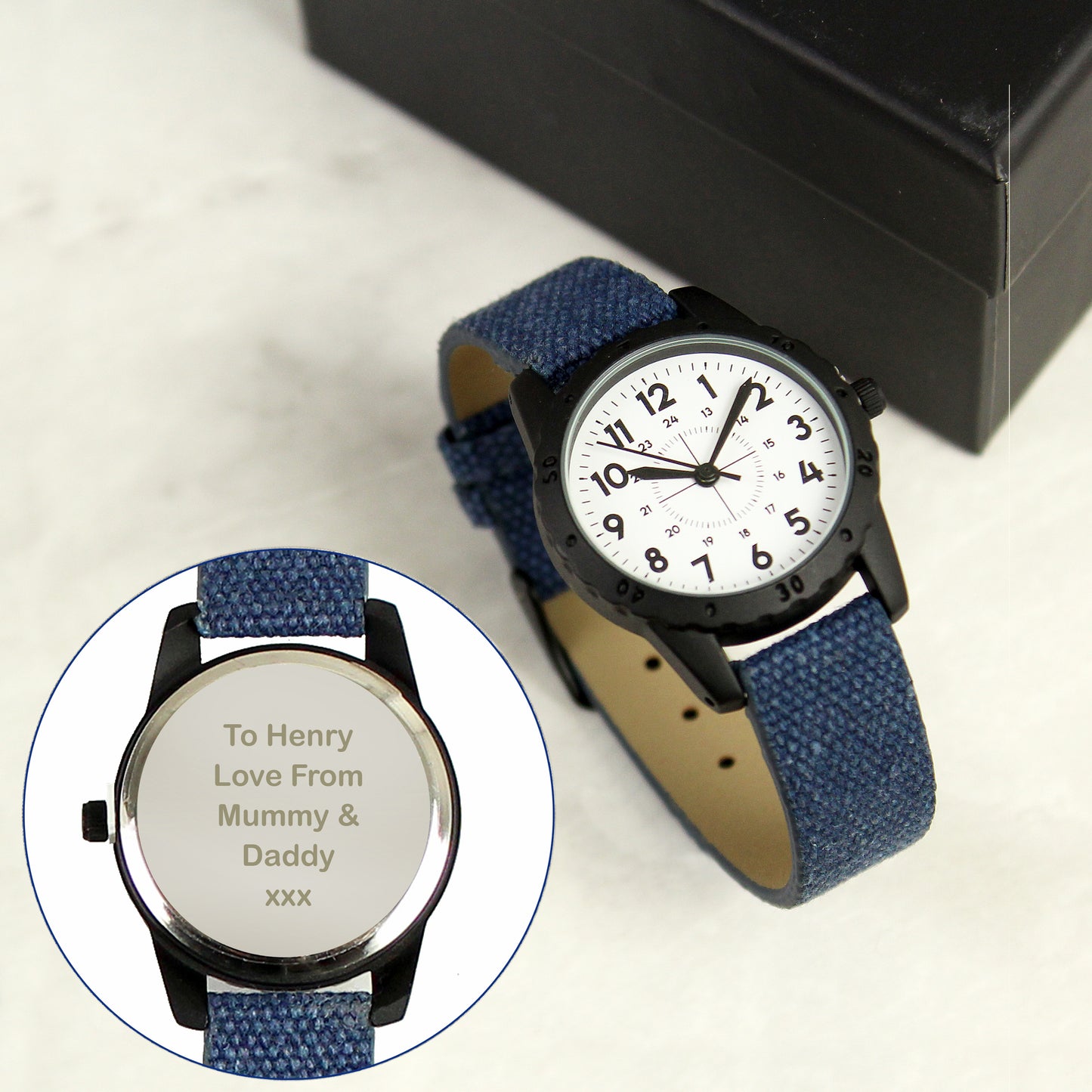 Personalised Black with Blue Canvas Strap Boys Watch