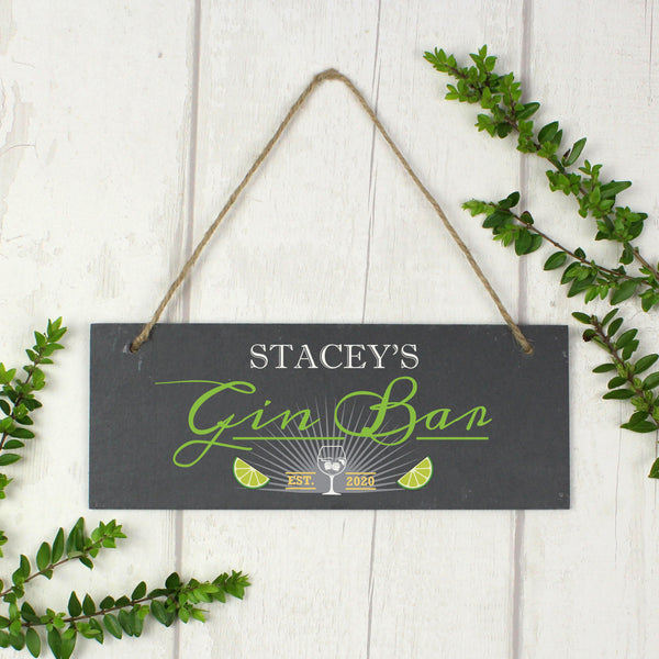 Personalised "Gin Bar" Printed Hanging Slate Plaque