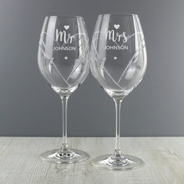 Personalised Mr & Mrs Hand Cut Heart Pattern Pair of Wine Glasses with Swarovski Elements