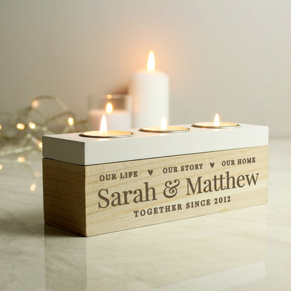 Personalised Our Life, Story & Home Triple Tea Light Box