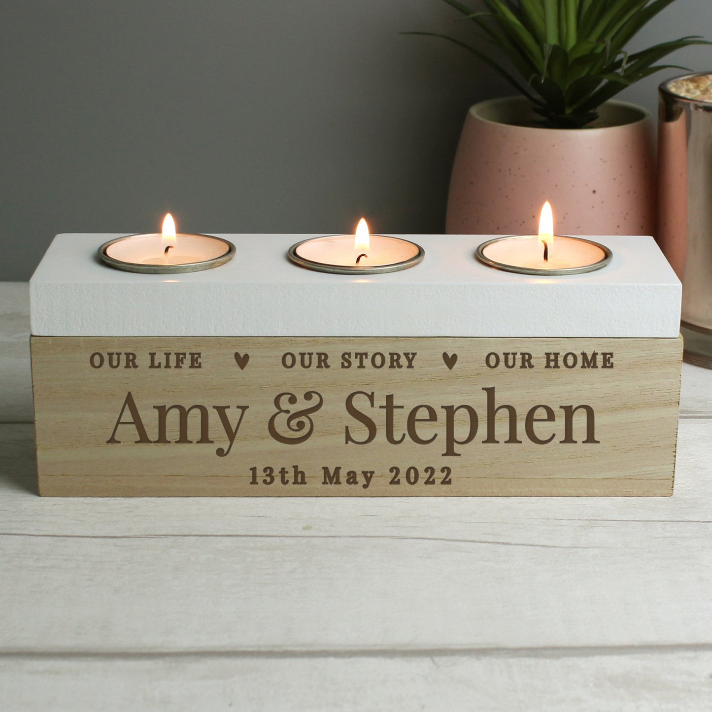 Personalised Our Life, Story & Home Triple Tea Light Box