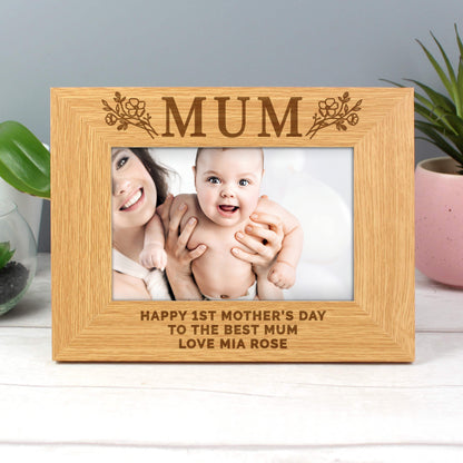 Personalised Floral Mum 4x6 Oak Finish Photo Frame