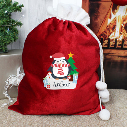 Personalised Christmas Penguin Luxury Pom Pom Red Sack