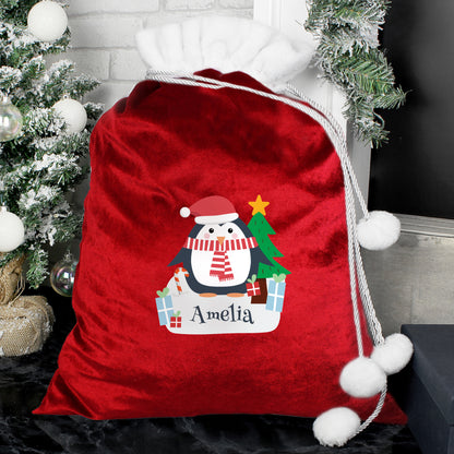 Personalised Christmas Penguin Luxury Pom Pom Red Sack