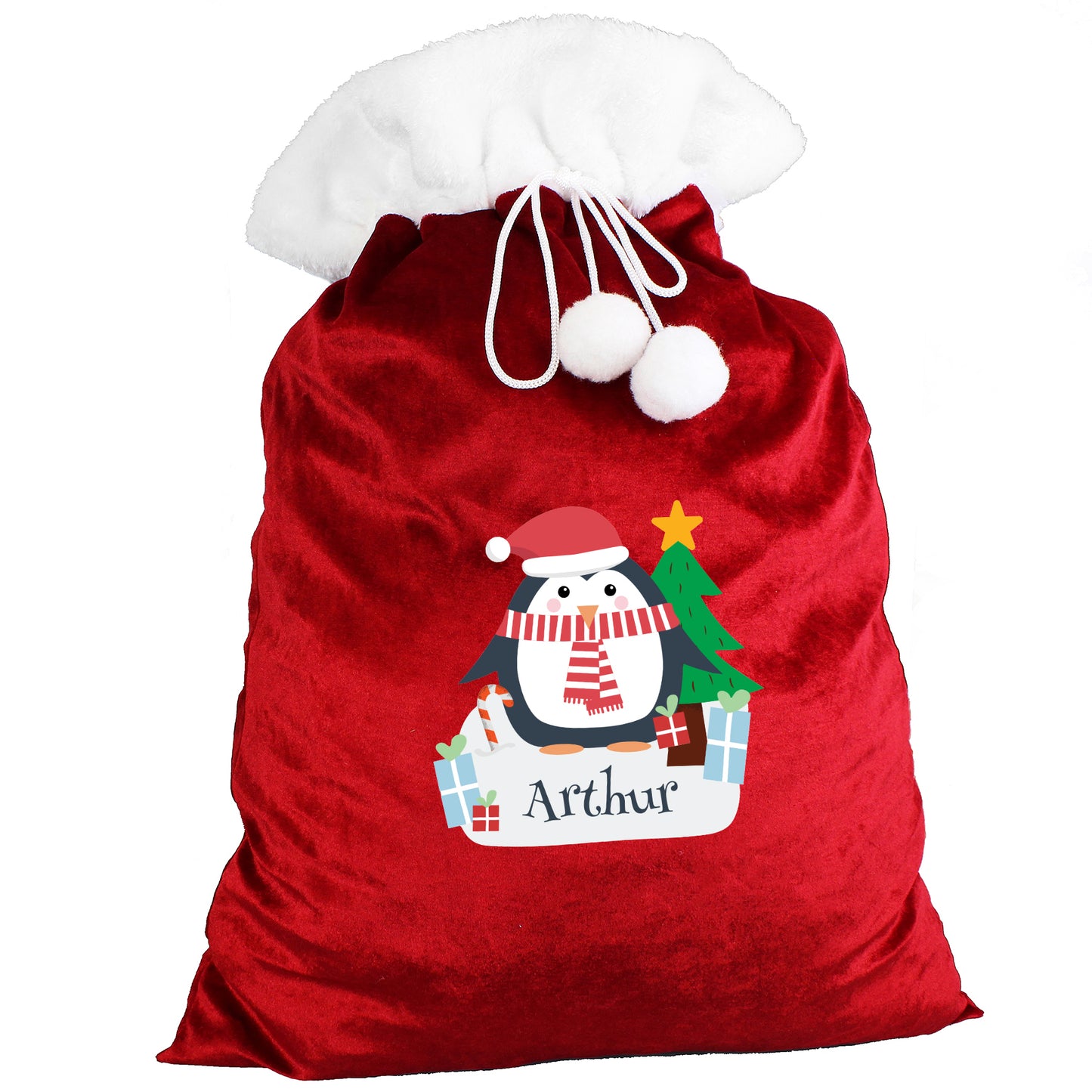 Personalised Christmas Penguin Luxury Pom Pom Red Sack