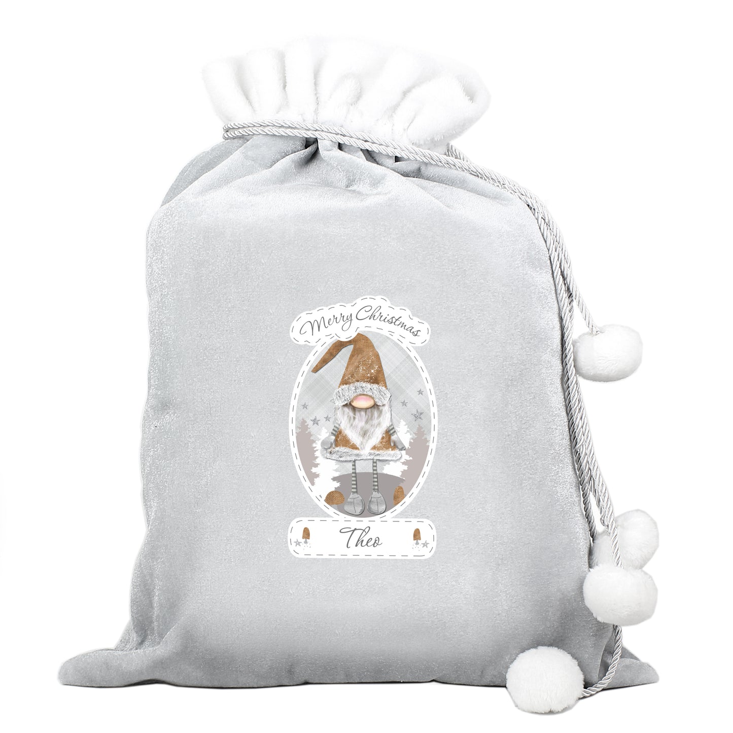 Personalised Christmas Gonk Luxury Silver Grey Pom Pom Sack