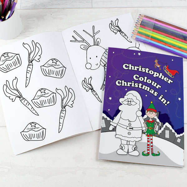 Personalised 'It's Christmas' Elf Colouring Book with Pencil Crayons