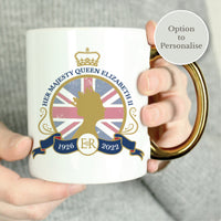 Personalised Queens Commemorative Union Jack Gold Handle Mug