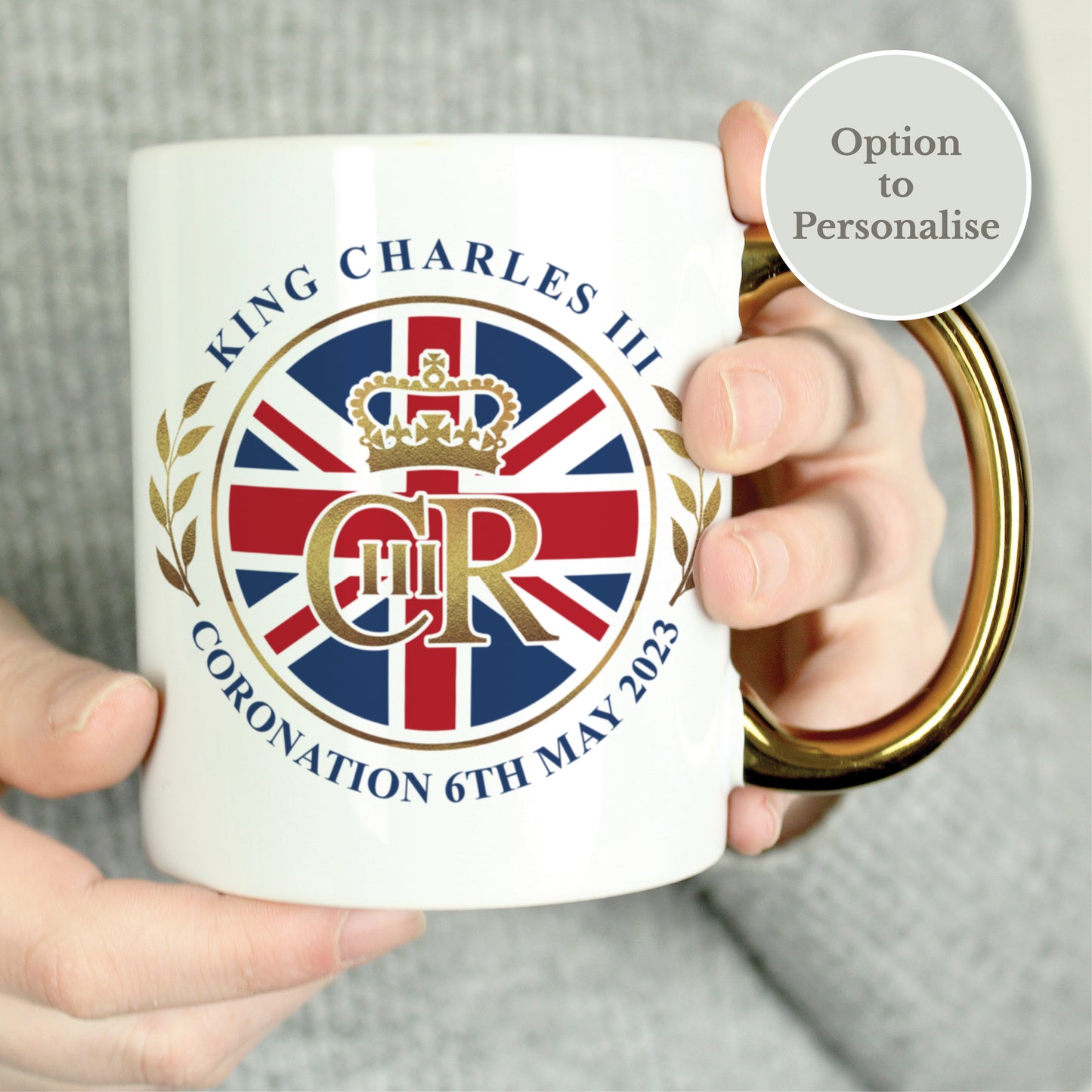 Personalised King Charles III Union Jack Coronation Commemorative Gold Handled Mug