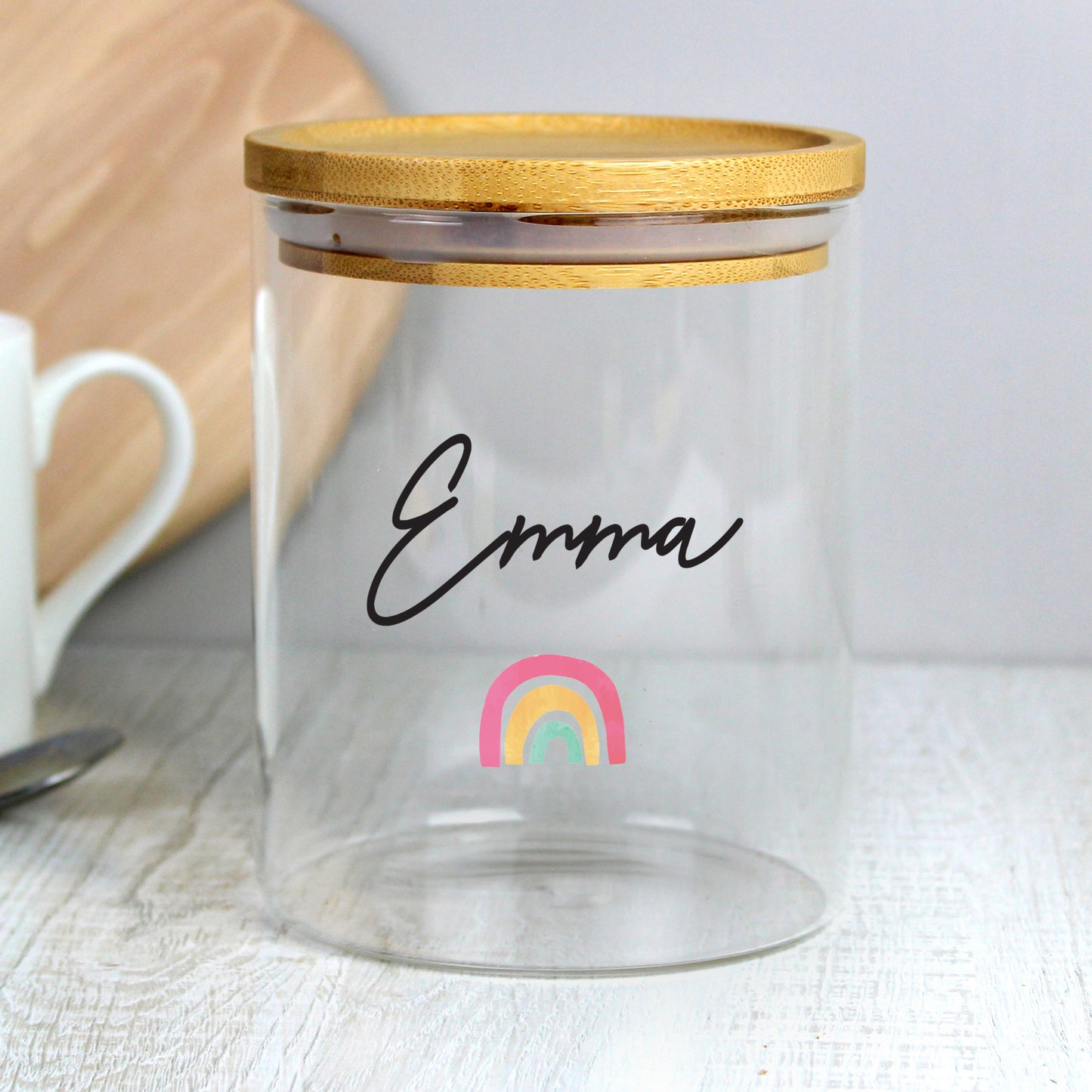 Personalised Rainbow Glass Jar with Bamboo Lid