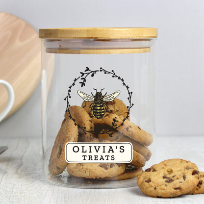 Personalised Bee Glass Jar with Bamboo Lid