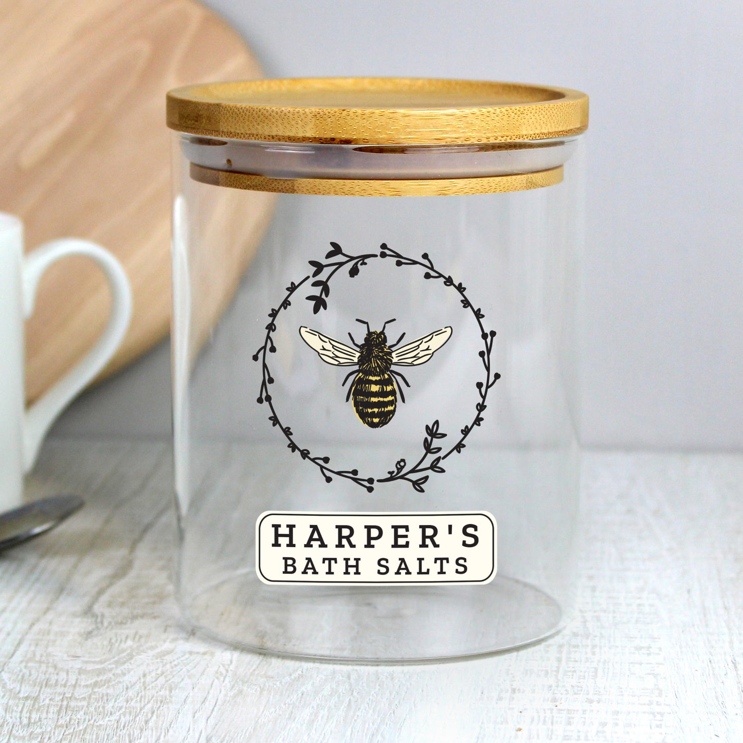 Personalised Bee Glass Jar with Bamboo Lid