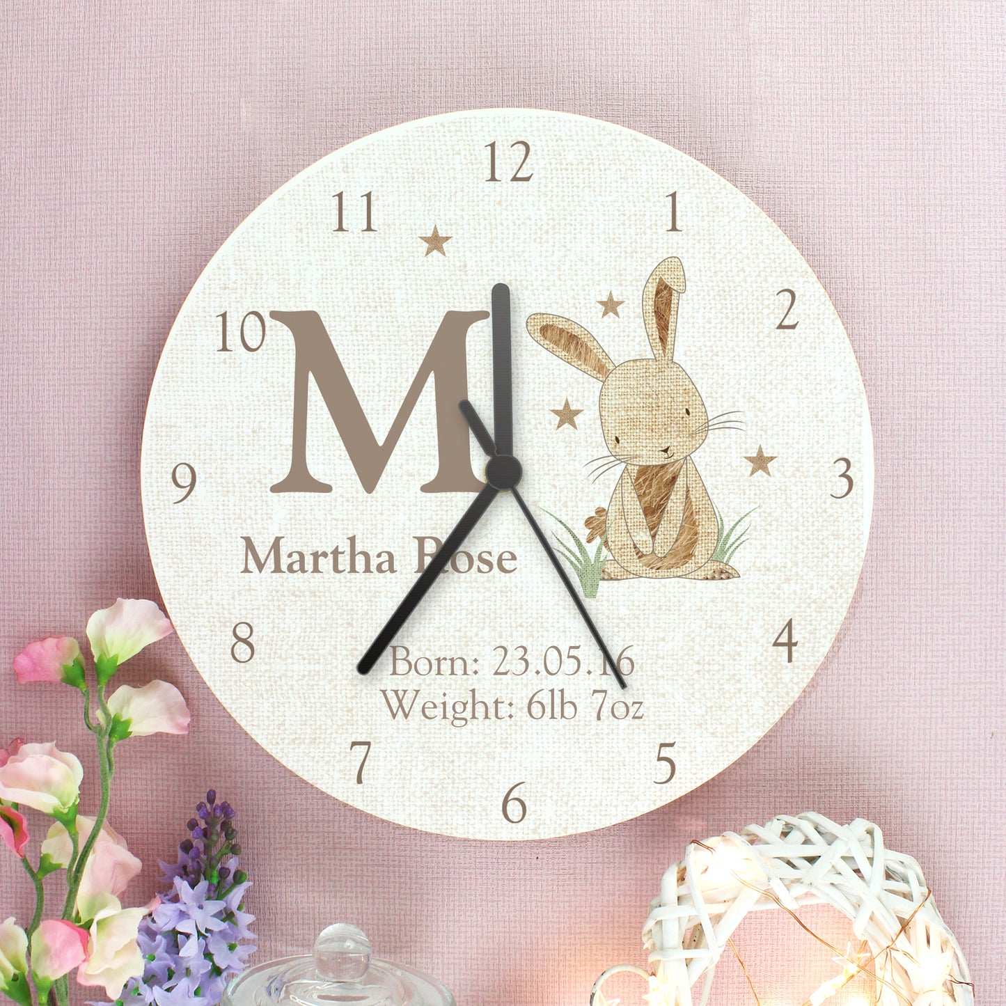 Personalised Hessian Rabbit Shabby Chic Large Wooden Clock