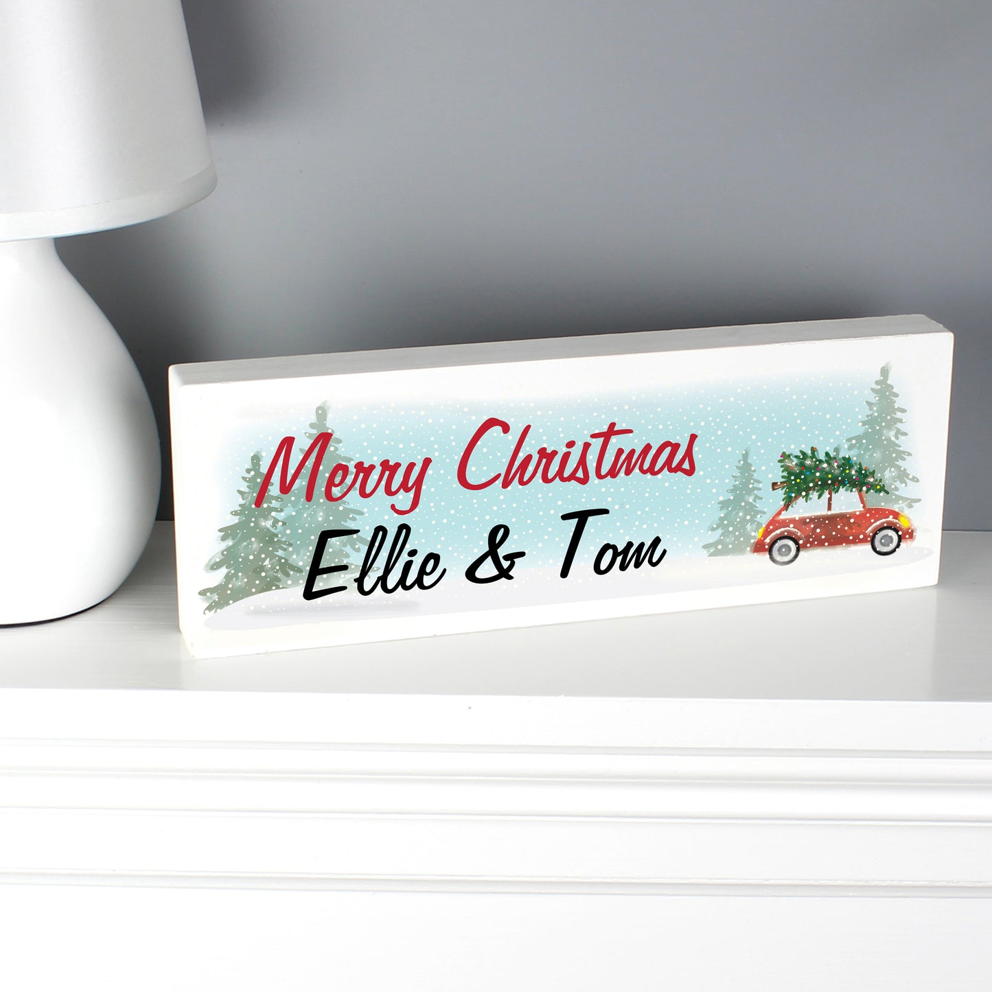 Personalised Driving Home For Christmas Wooden Scene