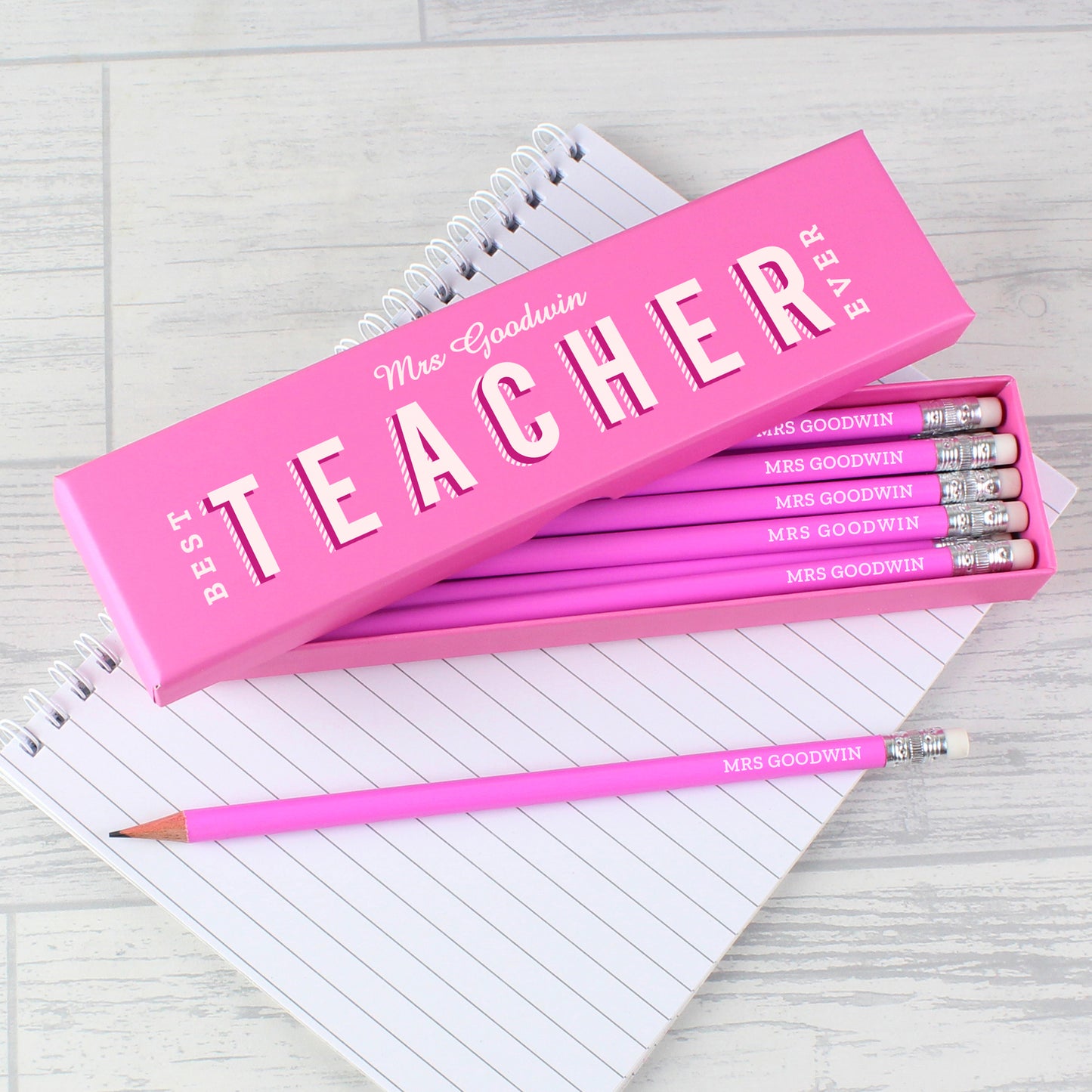 Personalised Best Teacher Ever Box and 12 Pink HB Pencils