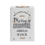 Personalised Merry & Bright White Wooden Tea light Holder