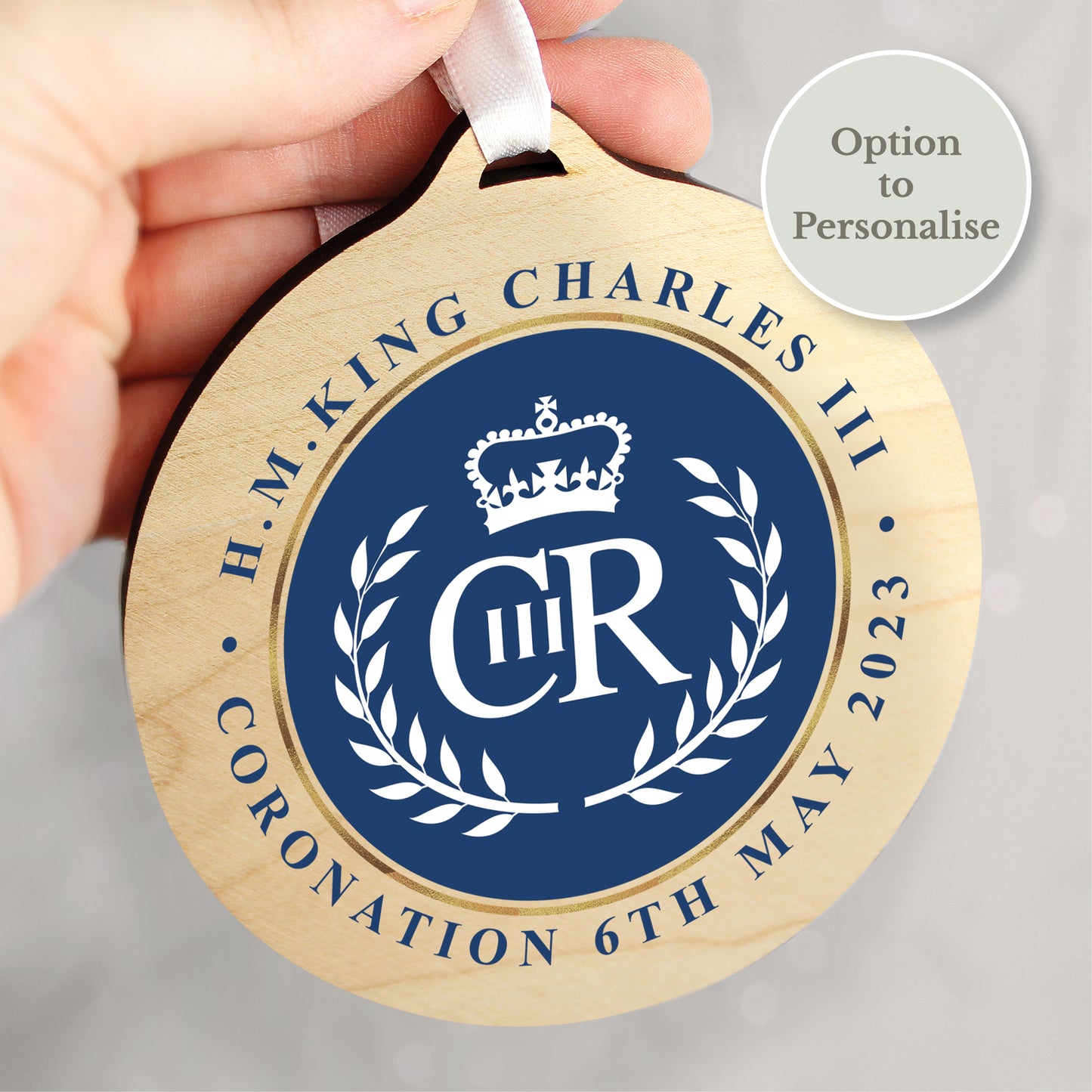 King Charles III Blue Crest Coronation Commemorative Round Wooden Decoration