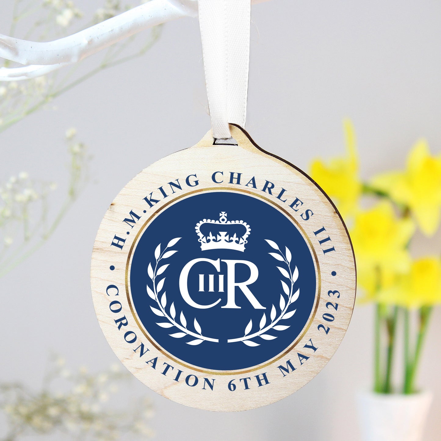 King Charles III Blue Crest Coronation Commemorative Round Wooden Decoration