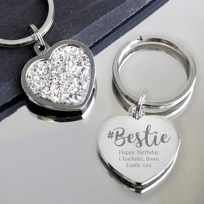 Personalised #Bestie Diamante Heart Keyring