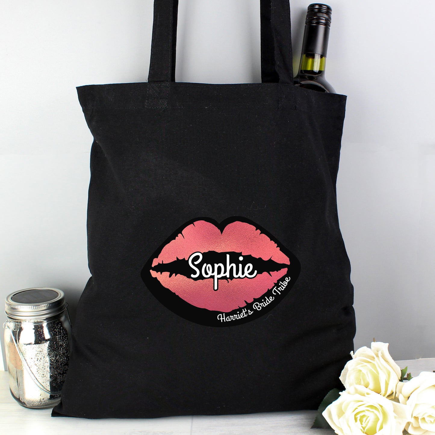 Personalised Rose Gold Lips Hen Party Black Cotton Bag