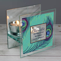 Personalised Peacock Mirrored Glass Tea Light Candle Holder