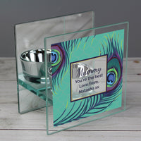 Personalised Peacock Mirrored Glass Tea Light Candle Holder