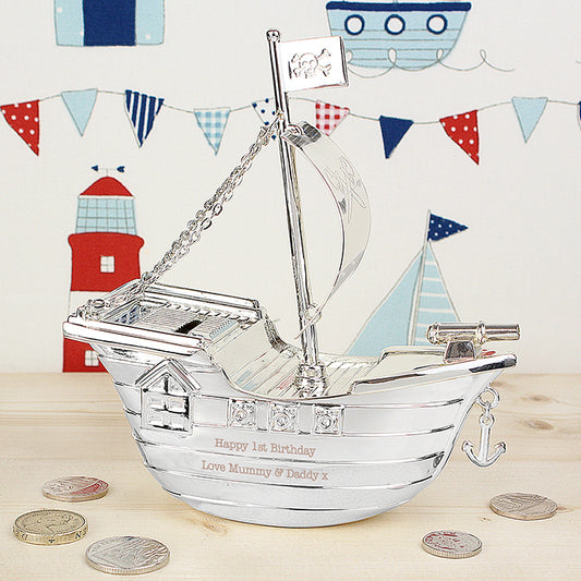 Personalised Silver Plated "Pirate Ship" Money Box